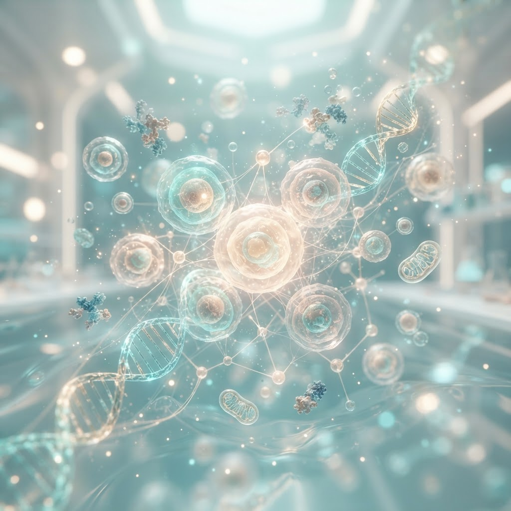 Abstract rendering of glowing stem cells and molecular structures